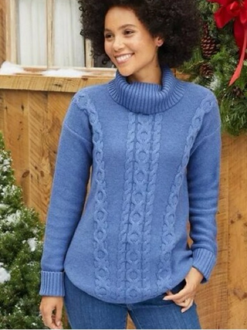 LL Bean classic cable knit turtleneck sweater blue